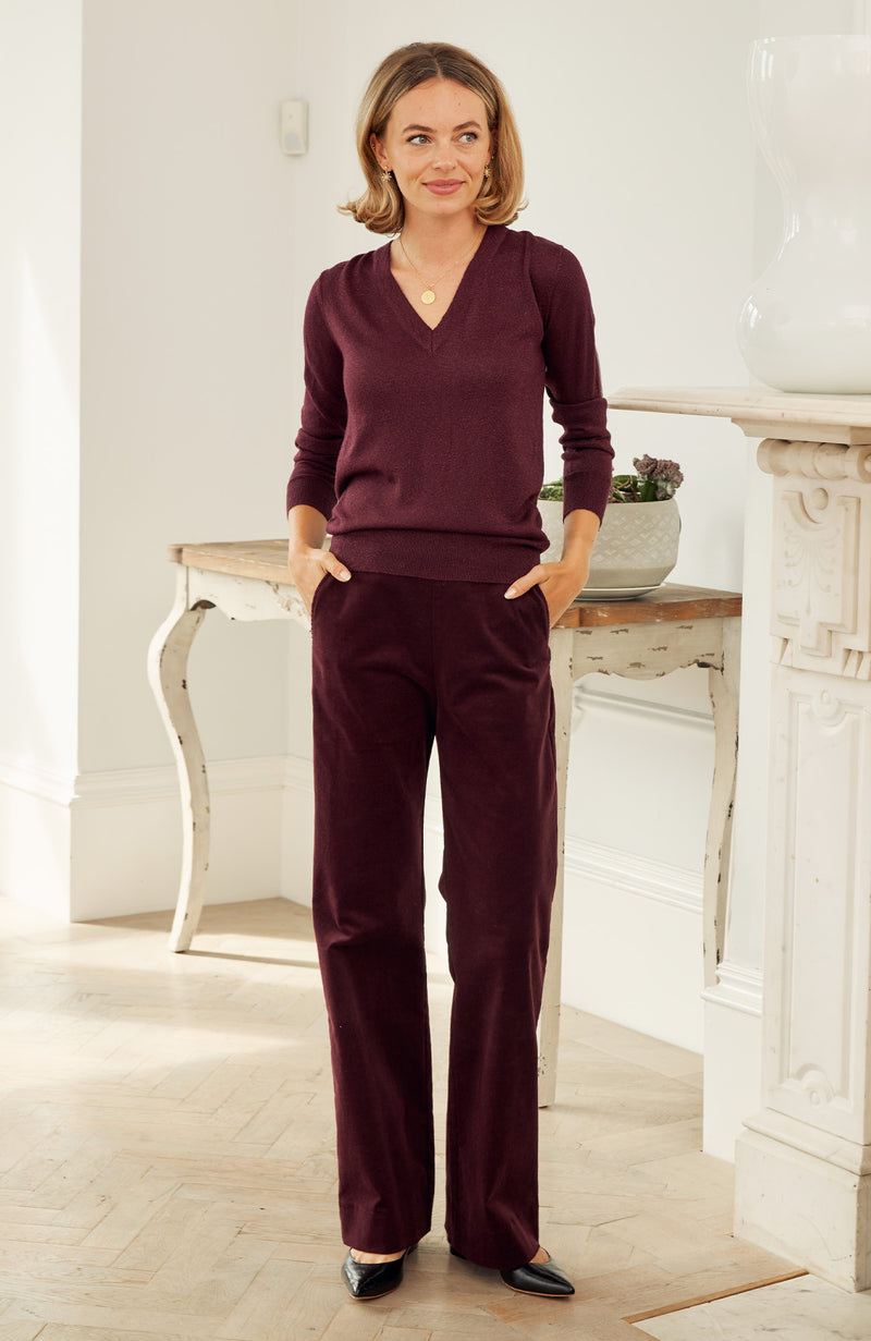 Metallic Knit V-Neck Jumper | Burgundy