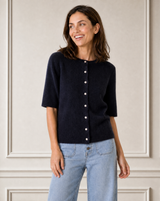 Alpaca Blend Short Sleeve Cardigan  | Navy
