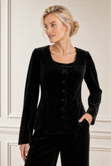 Button Through Velvet Top | Black