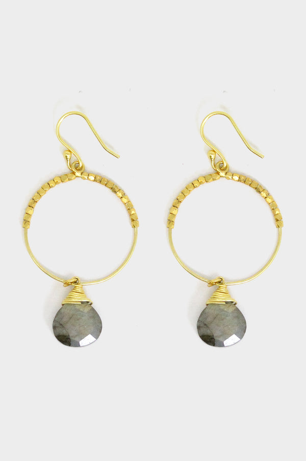 Grey Stone Hoop Earrings | Gold