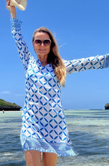 Guadalupe Short Organic Cotton Tunic | Shibori White/Blue