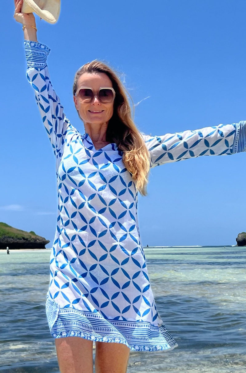 Guadalupe Short Organic Cotton Tunic | Shibori White/Blue