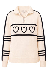Merino Wool Stripe Hearts Quarter Zip | Off White/Black