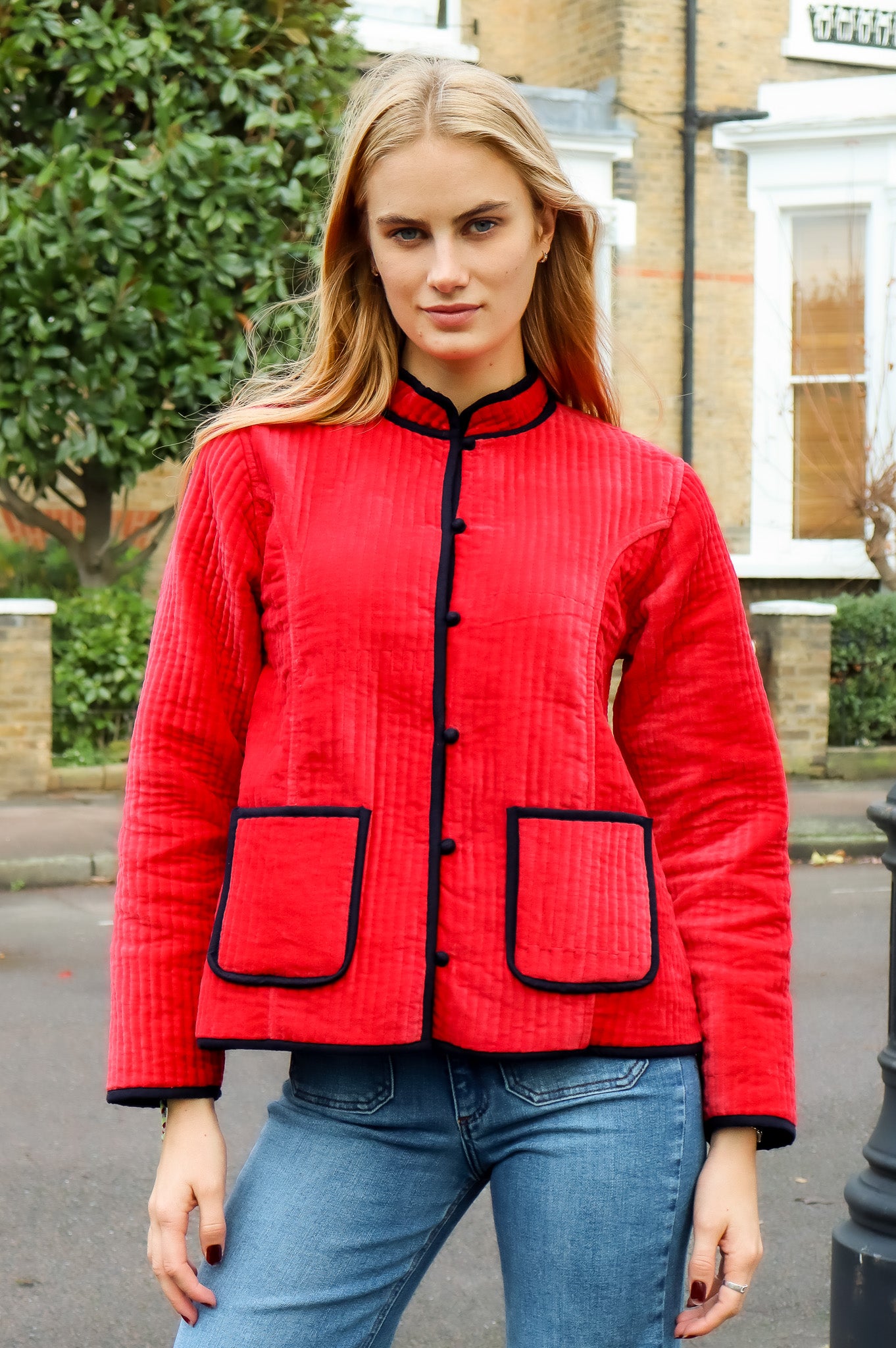 Velvet Quilted Jacket | Red/Navy