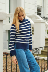 Cashmere Blend Striped Roll Neck Jumper | Navy/Ivory - Aspiga