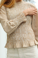 Liyana Seercucker Smocked Top | Brown/White - Aspiga