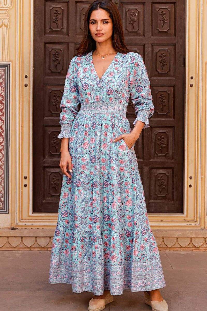 Aspiga Womens Sustainable Billie Block Print Organic Cotton Summer Wedding Guest Evening Dress Floral Printed Blue Red Aspiga Womens Sustainable Billie Block Print Organic Cotton Summer Wedding Guest Evening Dress Floral Printed Blue Red