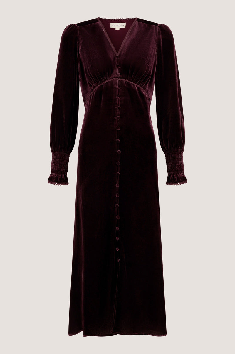 Sally Anne Velvet Long Sleeve Dress | Aubergine