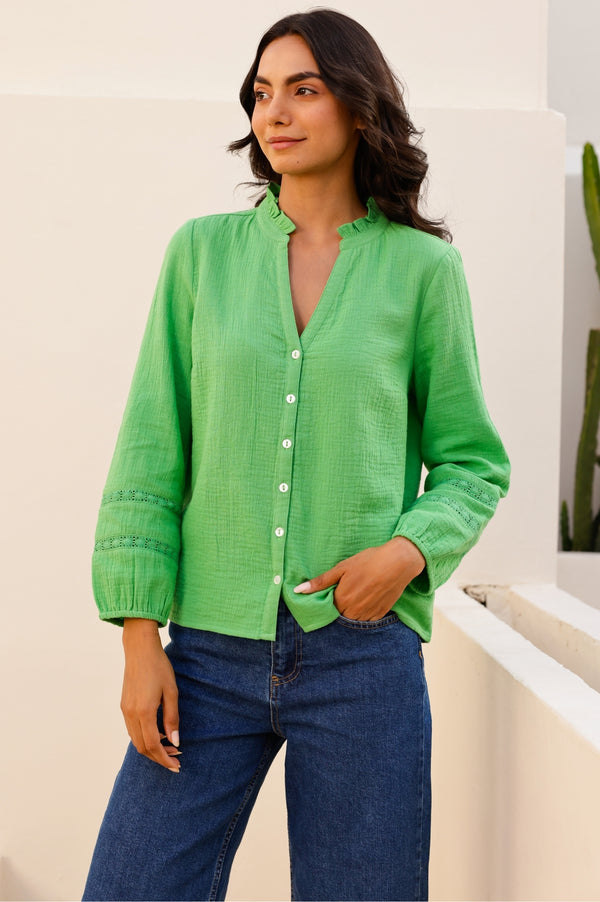 Mina Organic Cotton Cheesecloth Blouse | Green