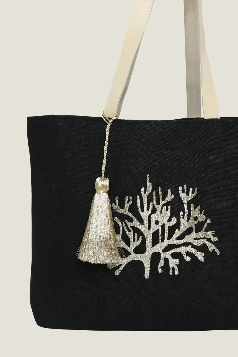 Coral Jute Beach Bag | Black/ Gold