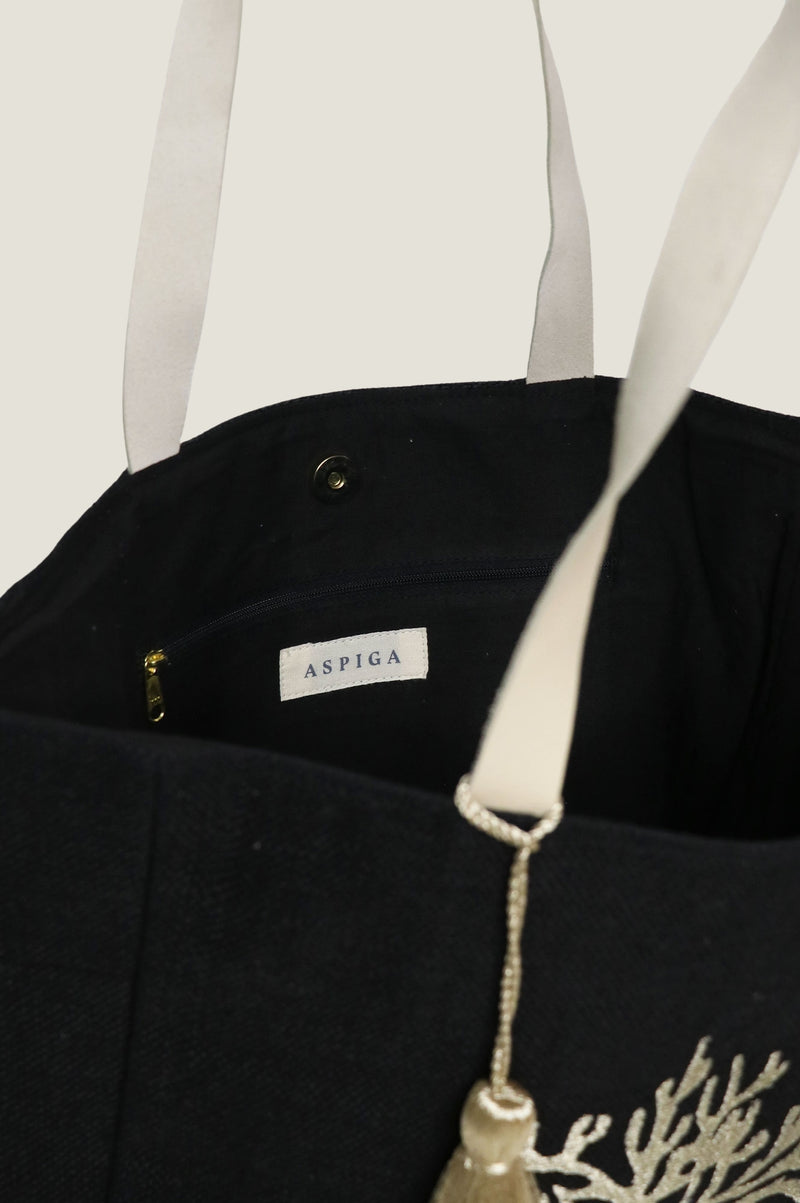 Coral Jute Beach Bag | Black/ Gold