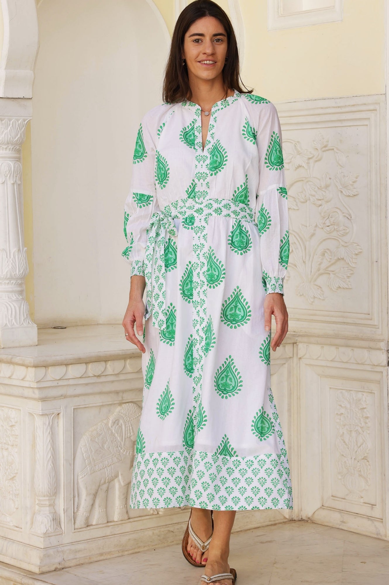 Cara Block Print Dress | Wild Flower Buta Green