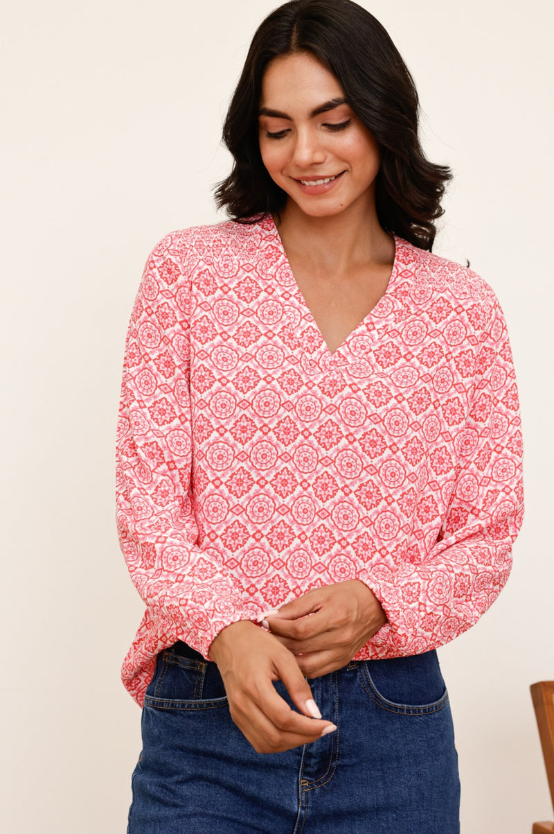 Clea Blouse | Flower Tile Orange/Pink