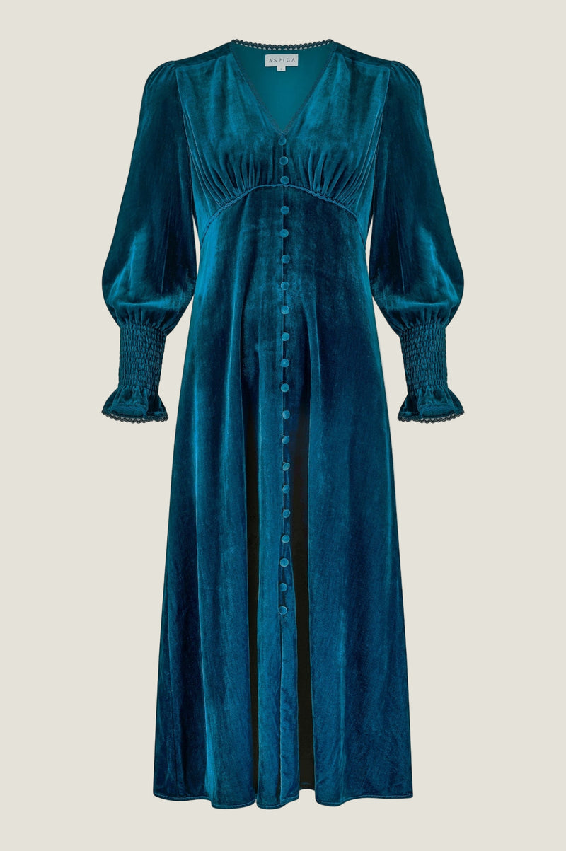 Sally Anne Velvet Long Sleeve Dress | Teal