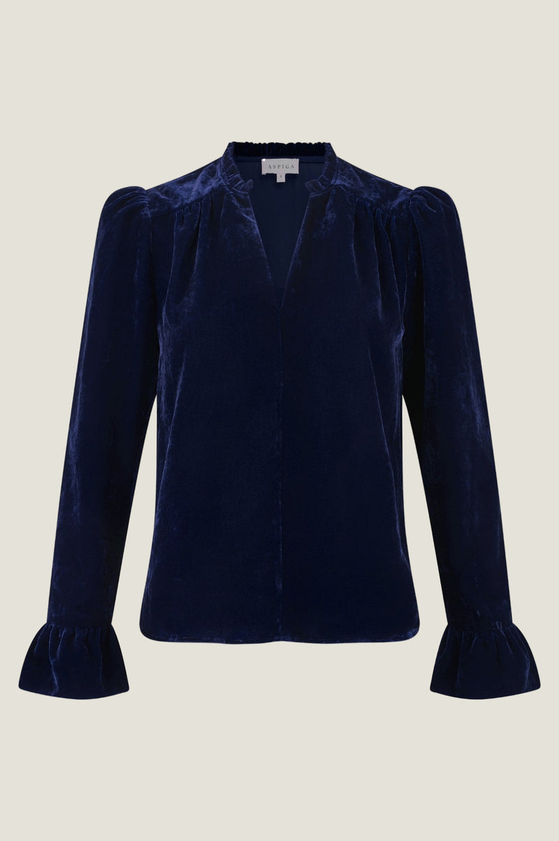 Astrid Velvet V-Neck Top | Navy