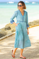 Hayden Organic Cotton Block Print Dress | Buti Turquoise/Blue