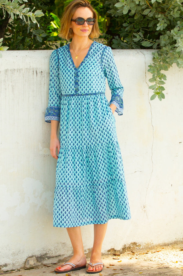 Hayden Organic Cotton Block Print Dress | Buti Turquoise/Blue