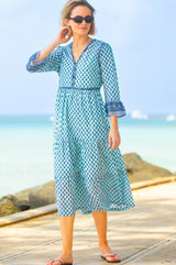 Hayden Organic Cotton Block Print Dress | Buti Turquoise/Blue