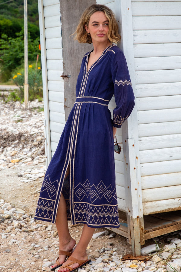 Jamila Embroidered Dress | Navy/Gold