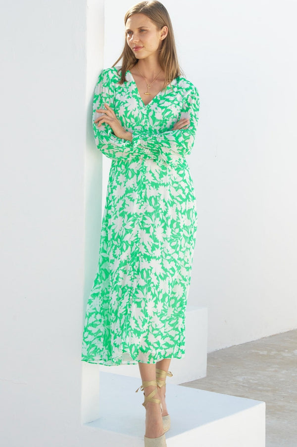 Long Sleeve Sally Anne Dress | Clematis Vines Green/Ivory