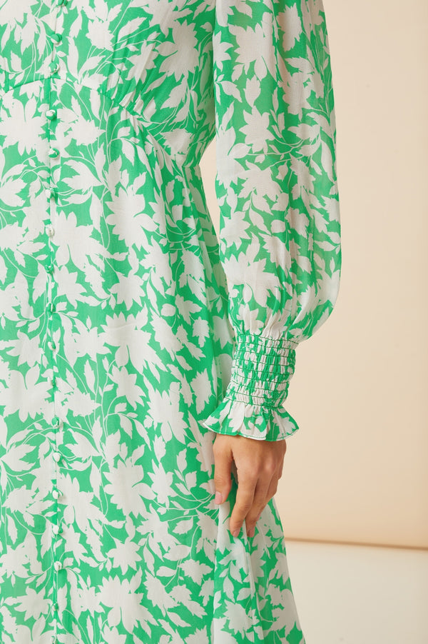 Long Sleeve Sally Anne Dress | Clematis Vines Green/Ivory