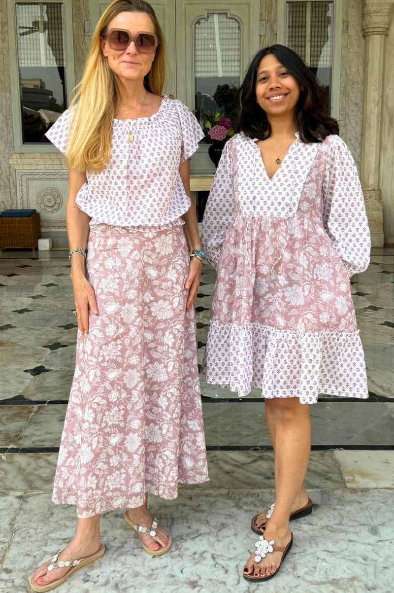 Marina Organic Cotton Print Mix Dress | Blossom Print Dusty Pink/White