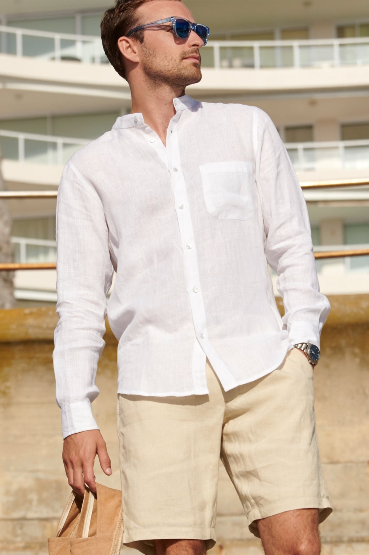 Aspiga Mens Sustainable Linen Nehru Collar Holiday Shirt White