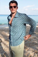 Men's Printed Cotton Shirt | Star Fern Teal/White