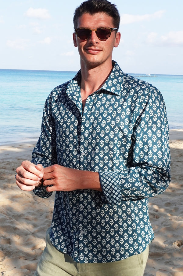 Men's Printed Cotton Shirt | Star Fern Teal/White