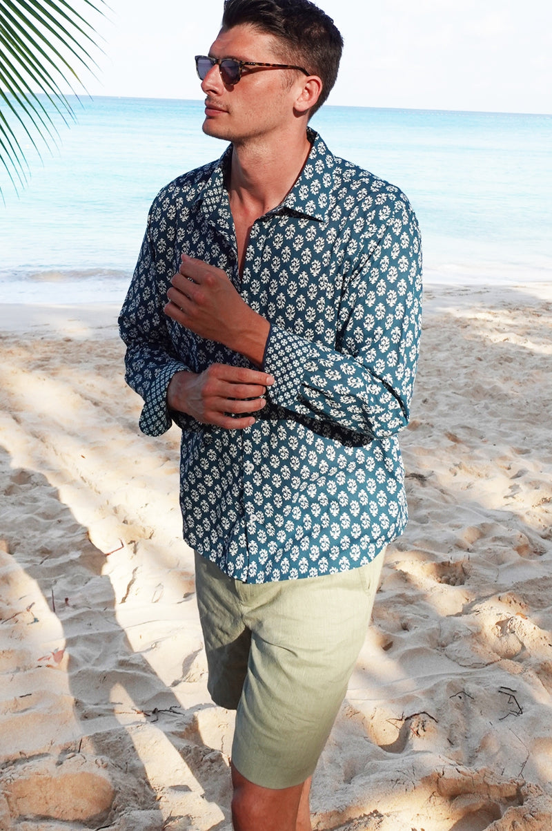 Men's Printed Cotton Shirt | Star Fern Teal/White