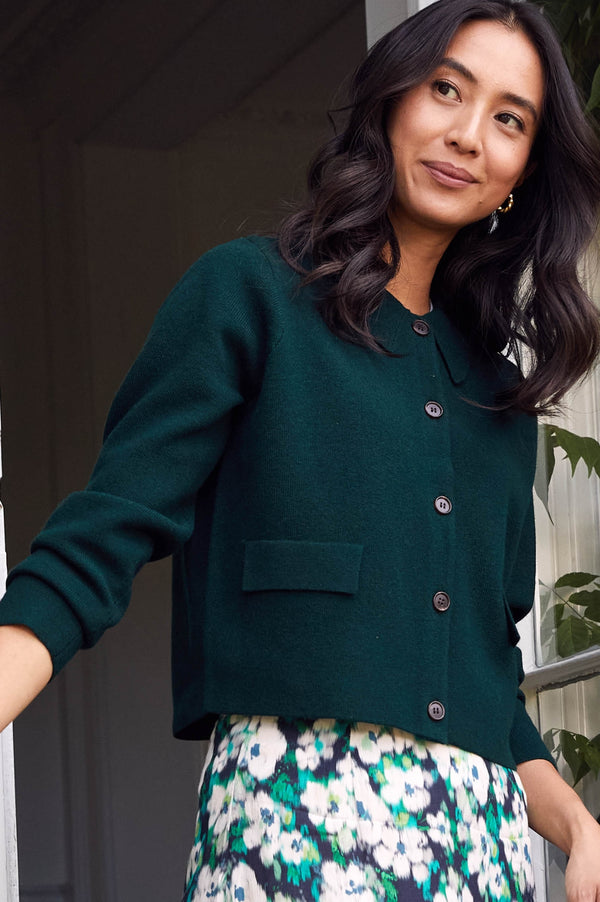 Merino Wool Collared Cardigan | Green