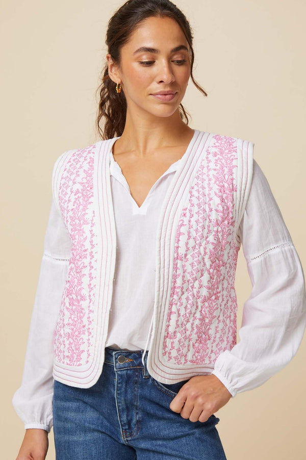 Nola Block Print Quilted Gilet | White/Pink