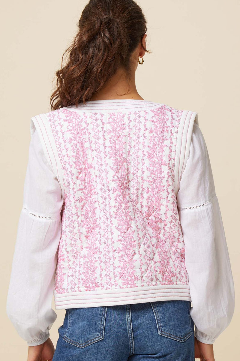 Nola Block Print Quilted Gilet | White/Pink