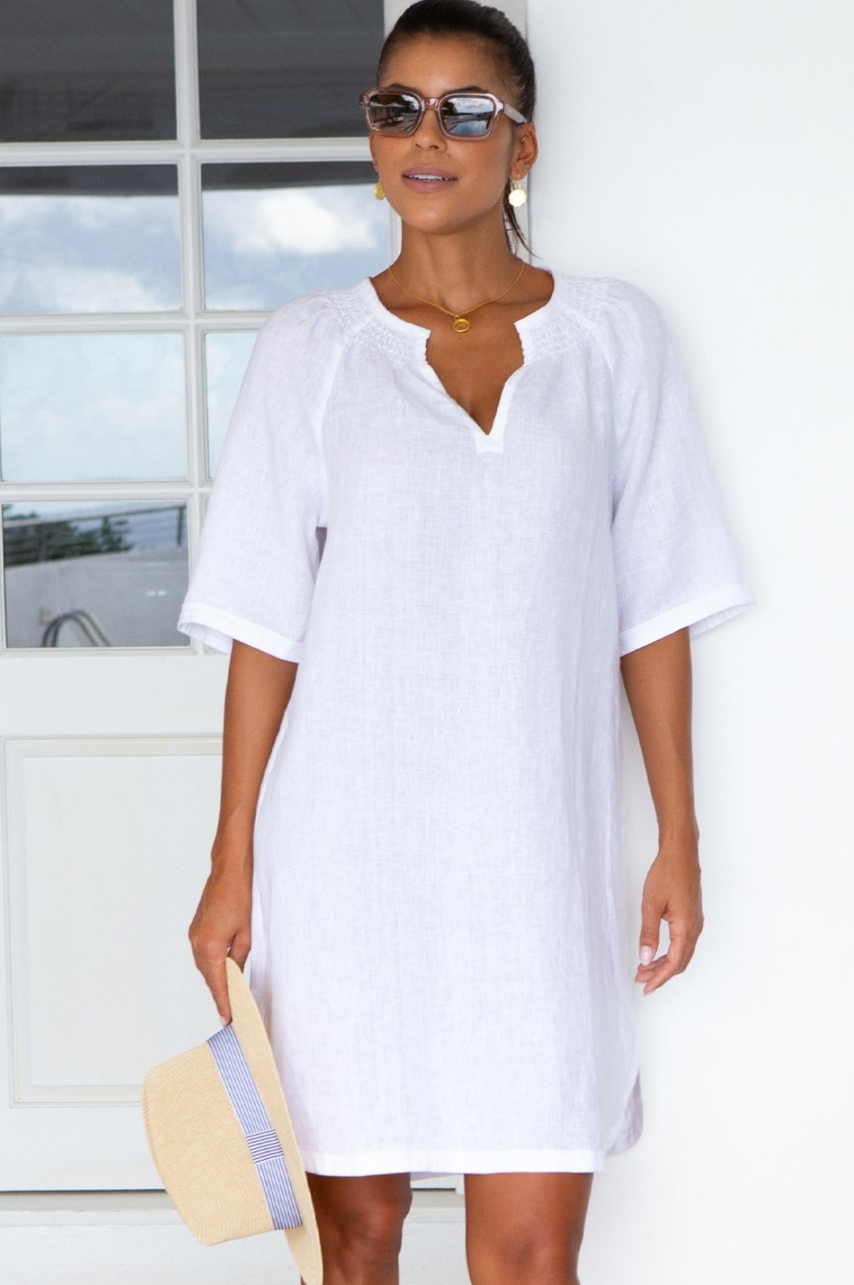 chinese dress ladies Aspiga Womens Ethical Paxos Linen Short Sleeve Dress Summer Holiday Beach  Cover Up White