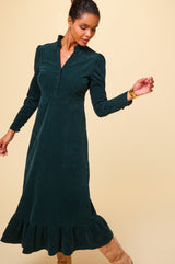 Percy Midi Stretch Corduroy Dress | Bottle Green