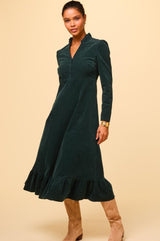 Percy Midi Stretch Corduroy Dress | Bottle Green