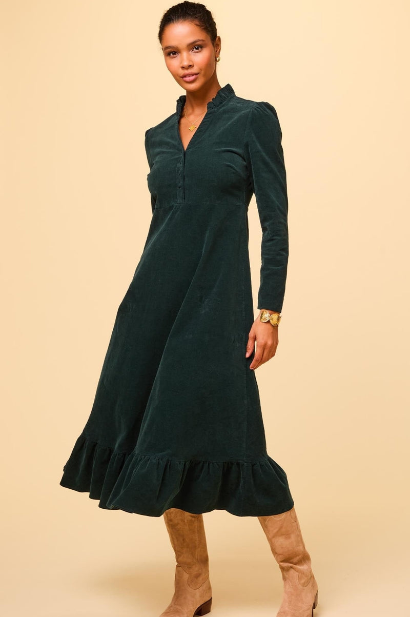 Percy Midi Stretch Corduroy Dress | Bottle Green