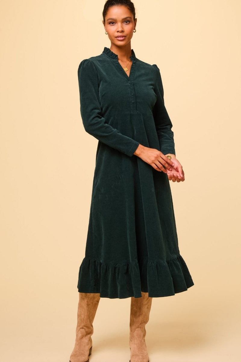 Percy Midi Stretch Corduroy Dress | Bottle Green