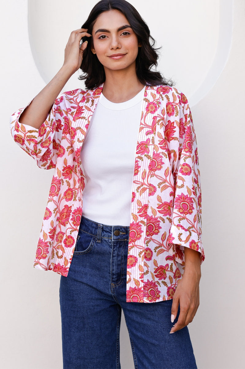 Aspiga Womens Sustainable Printed Kimono Jacket Hot Flower Floral Pink