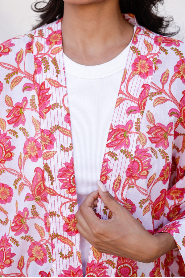 Printed Kimono Jacket | Hot Flower Pink