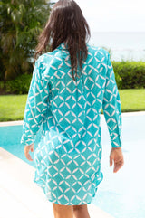 Saffron Organic Cotton Beach Shirt | Shibori Turquoise/White