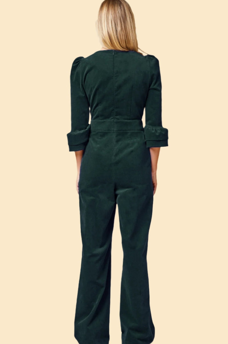 Victoria 3/4 Sleeve Stretch Corduroy Jumpsuit | Bottle Green