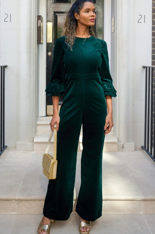 Victoria 3/4 Sleeve Stretch Corduroy Jumpsuit | Bottle Green