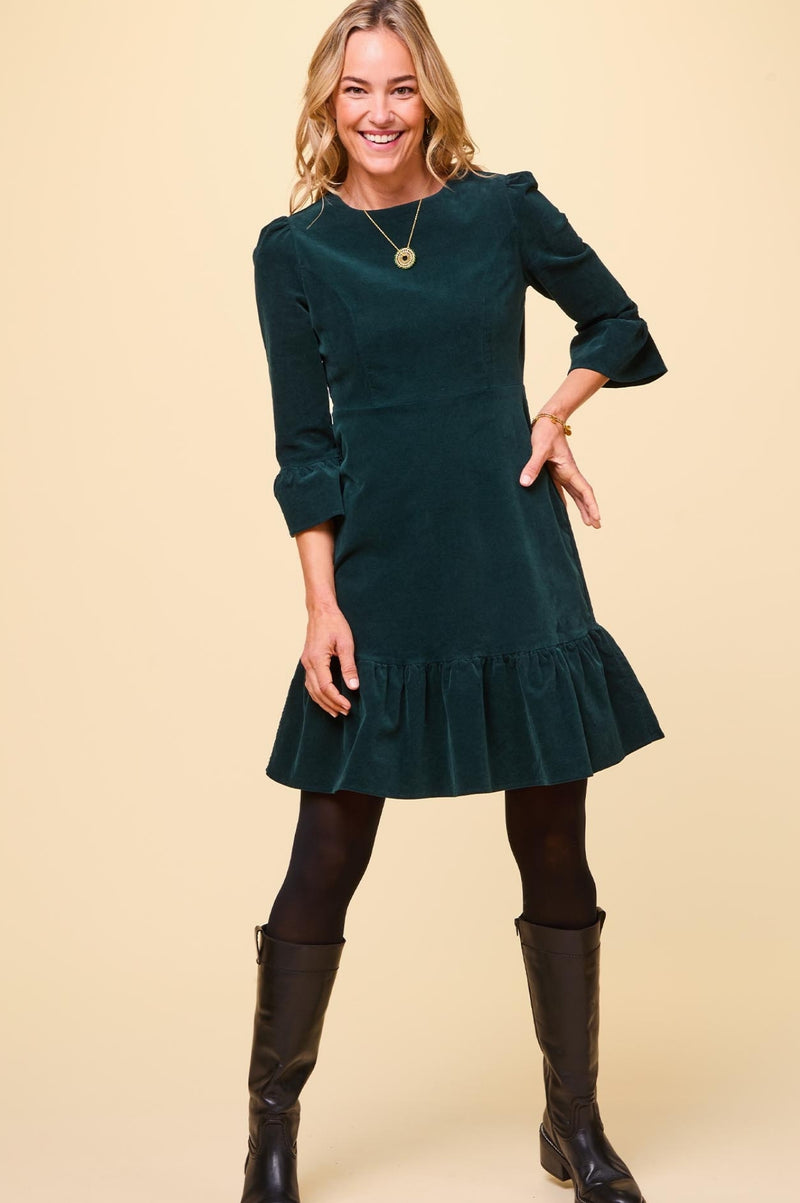 Victoria Short Stretch Corduroy Dress | Bottle Green