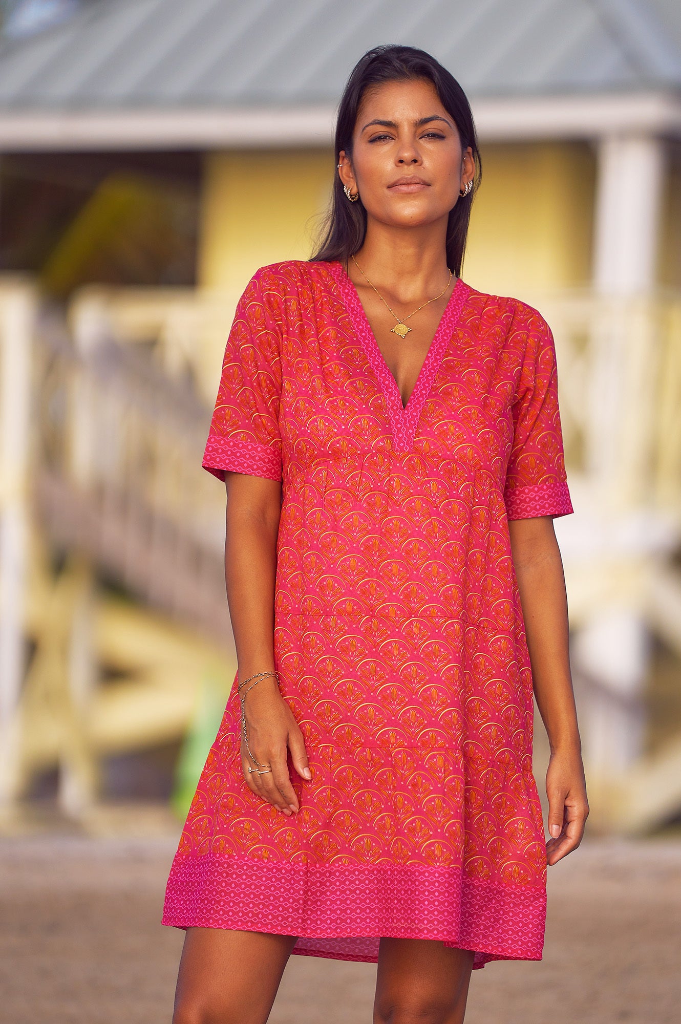 Santorini Cotton Kaftan | Clover Pink/Orange