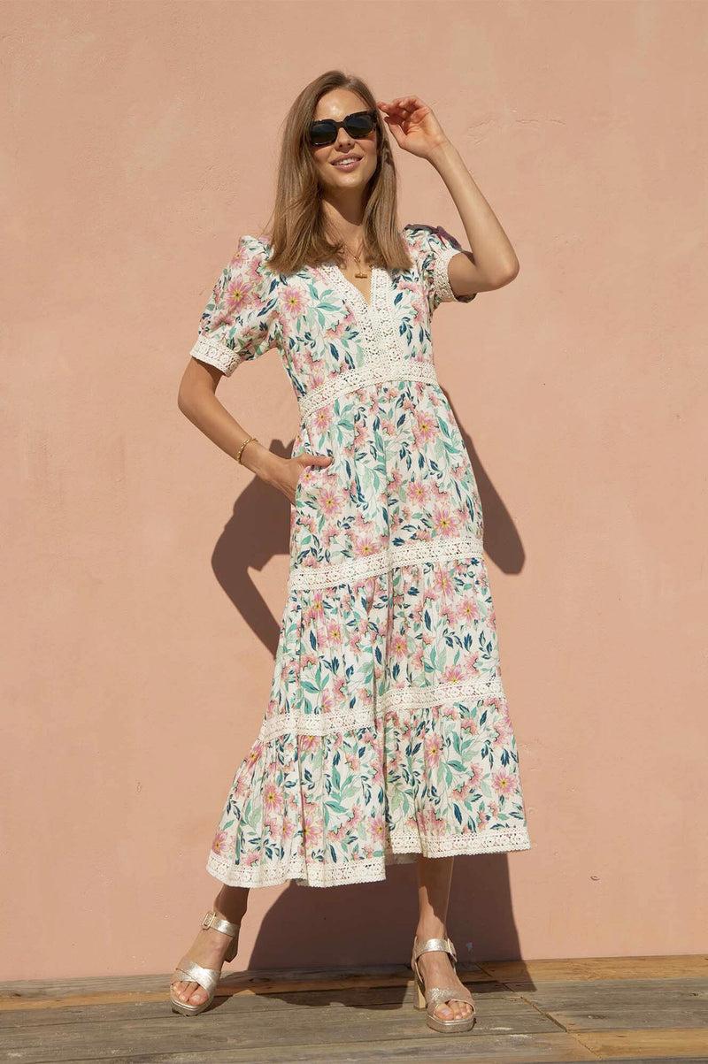 Aspiga Ladies Sustainable Enny Short Sleeve Floral Ecru Pink Dress