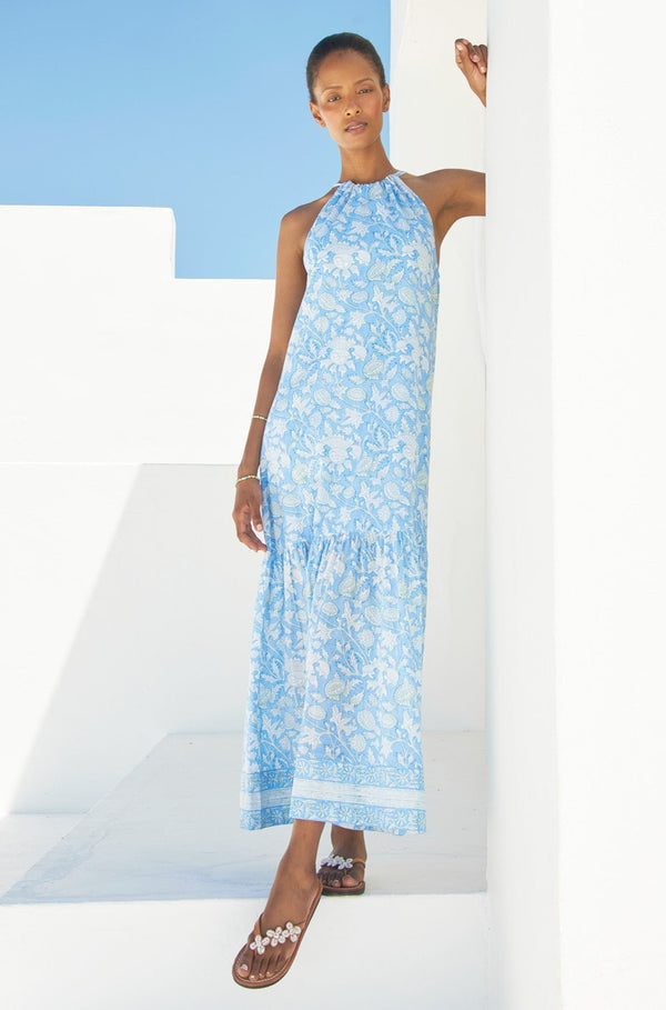 Bonnie Halter Block Print Maxi Dress | Tea Rose Blue