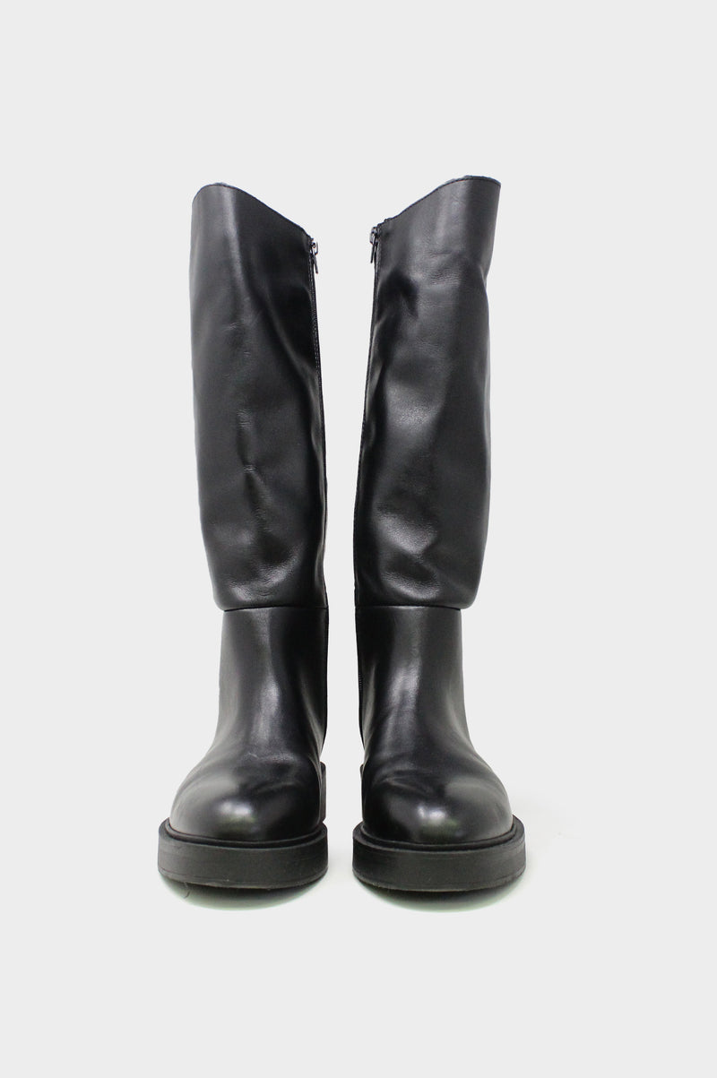 Leather Knee High Flat Boots | Black