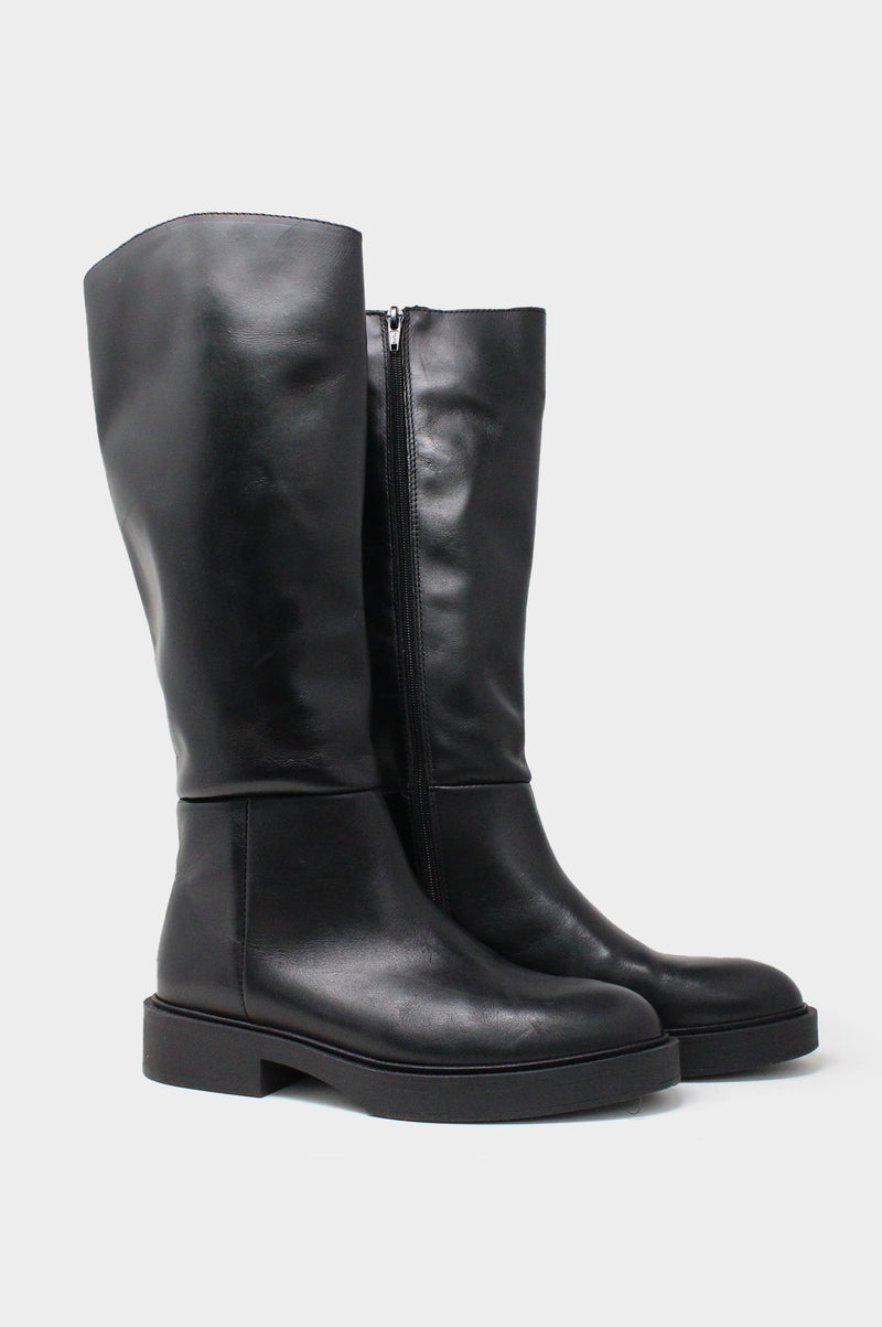 Aspiga Ladies Sustainable Black Leather Knee High Flat Boots