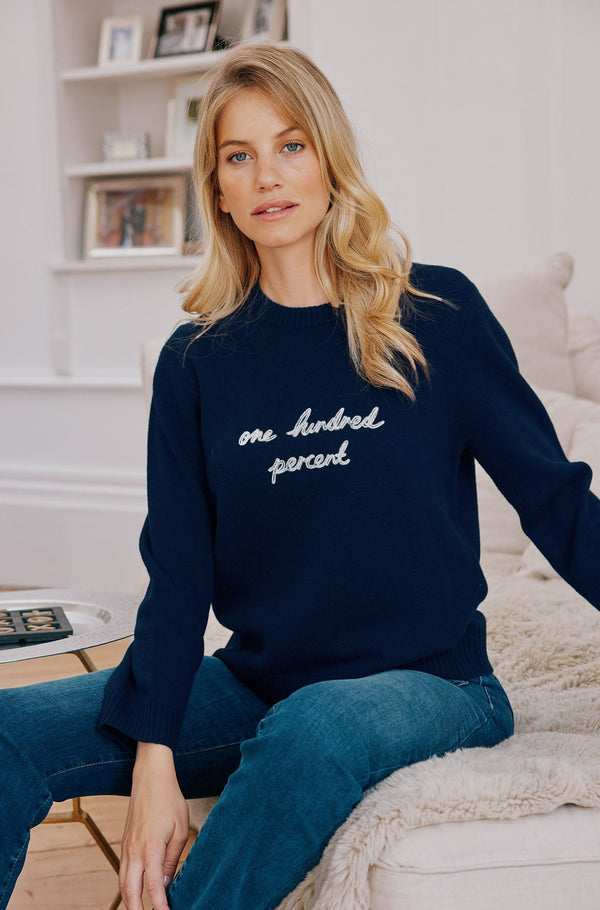 One Hundred Percent Crew Neck Jumper | Navy/Cream